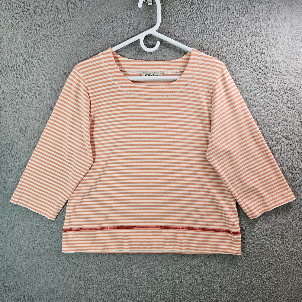 Orvis Tee Top Women Medium Stretch 3/4 Sleeve Orange White‎ Striped